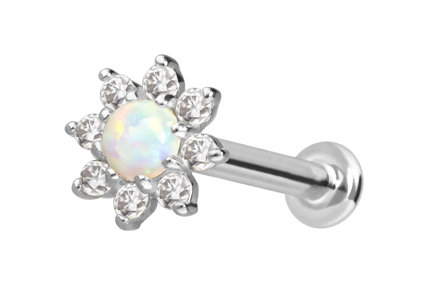 14 Karat Gold Labret Piercing mit Innengewinde MOISSANIT-BLUME + SYNTHETISCHER OPAL